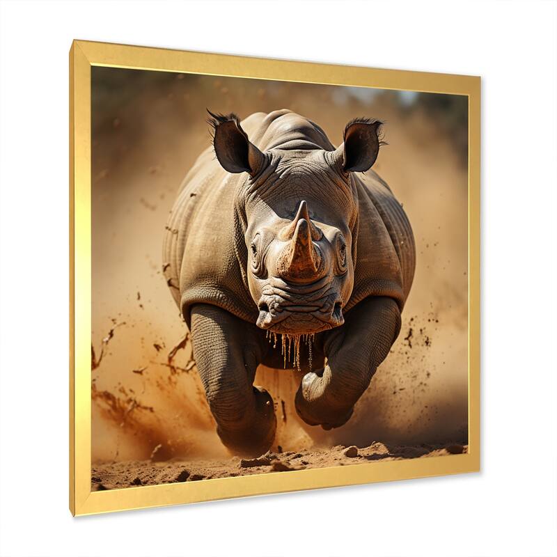 Designart "African Rhinoceros Running" Animals Framed Canvas Print